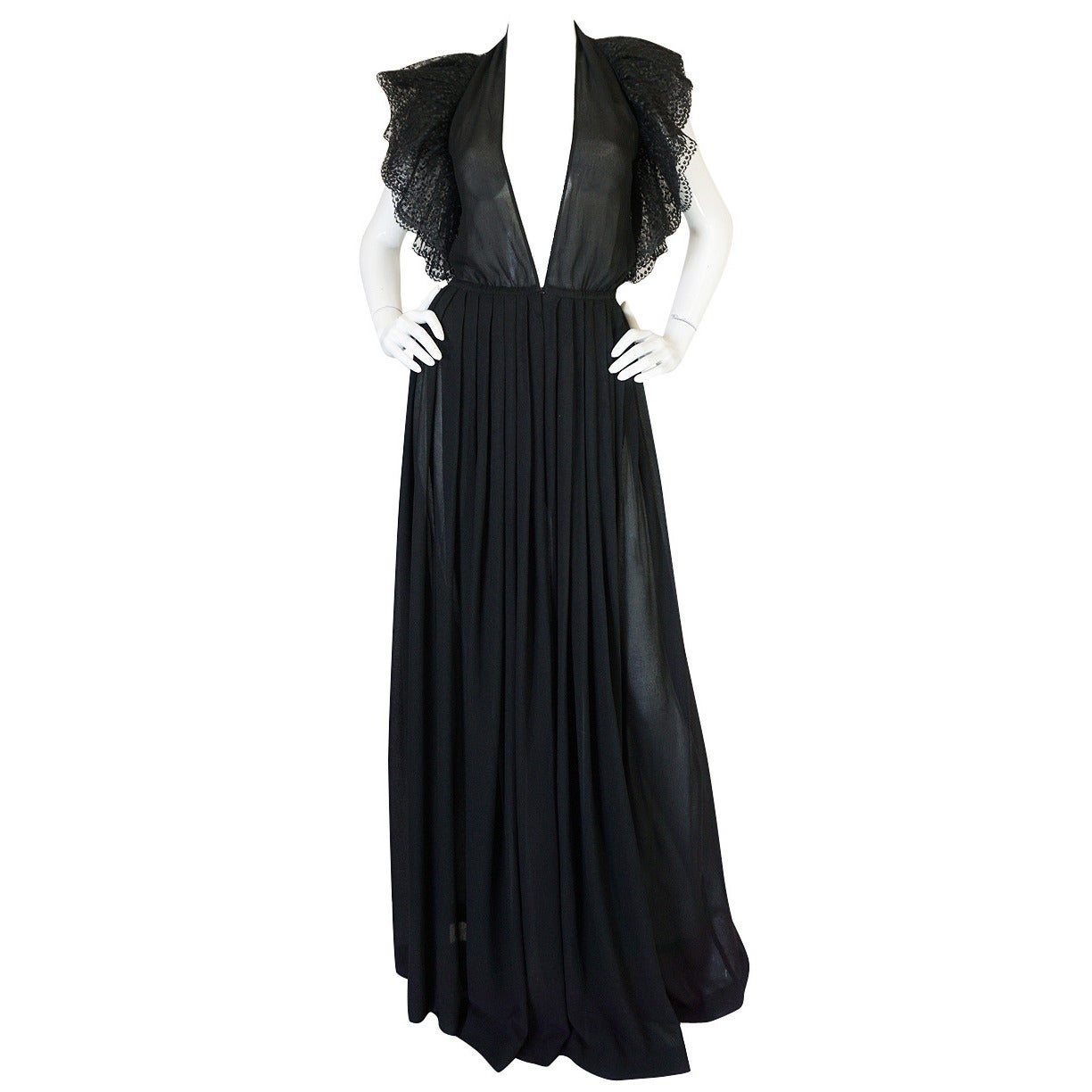 1970s Plunging Silk Chiffon & Lace Couture Galanos Gown