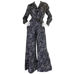 Retro 1970s Holly's Harp Print Flared Black Pantsuit