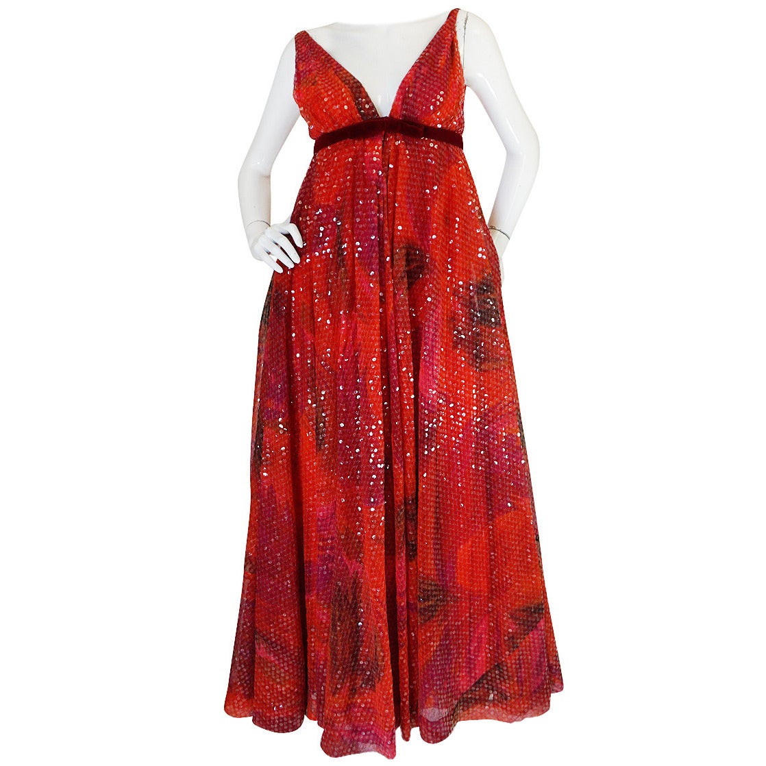Extraordinary 1960s Sequin & Silk Plunging Travilla Gown For Sale