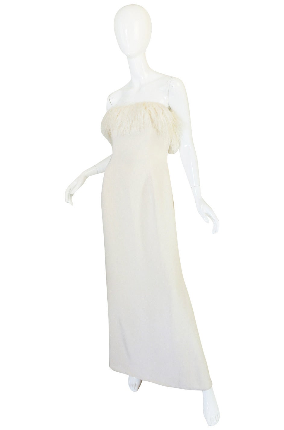 1970s Mongolian Fur Trimmed Cream Silk Travilla Gown In Excellent Condition In Rockwood, ON