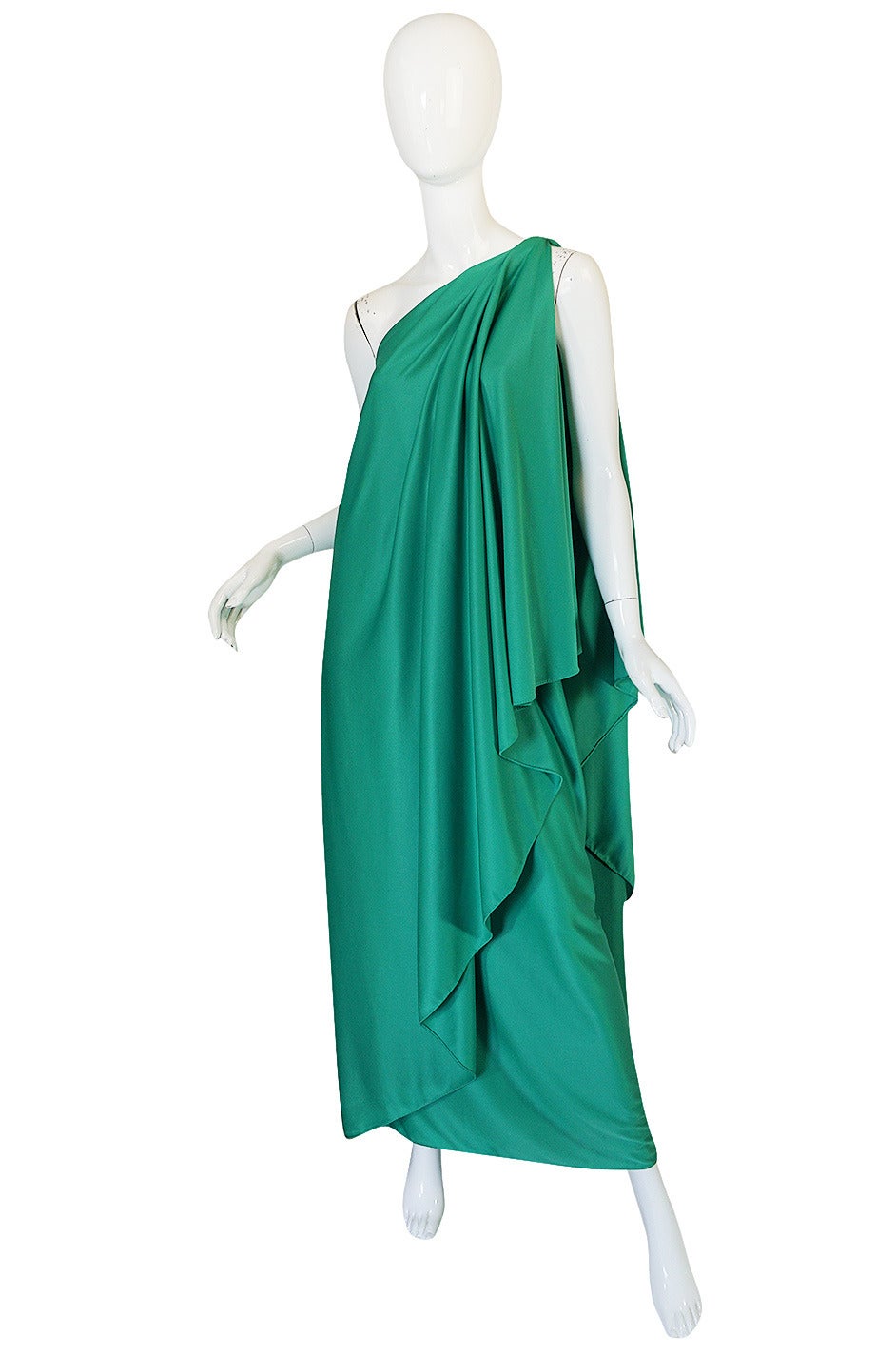 1970s Halston One Shoulder Jersey Green Dress 3
