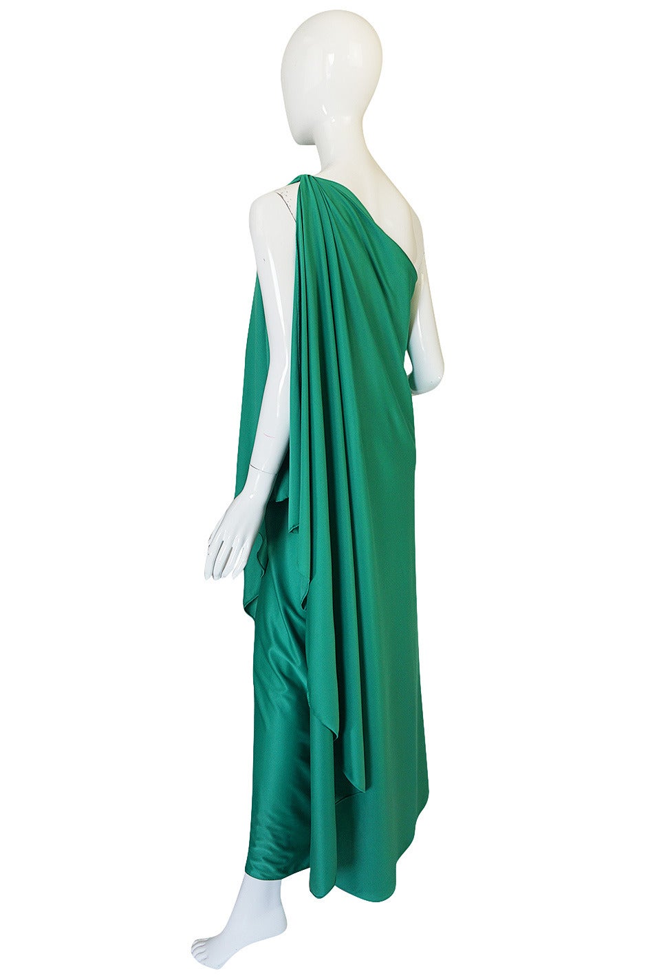 1970s Halston One Shoulder Jersey Green Dress 2