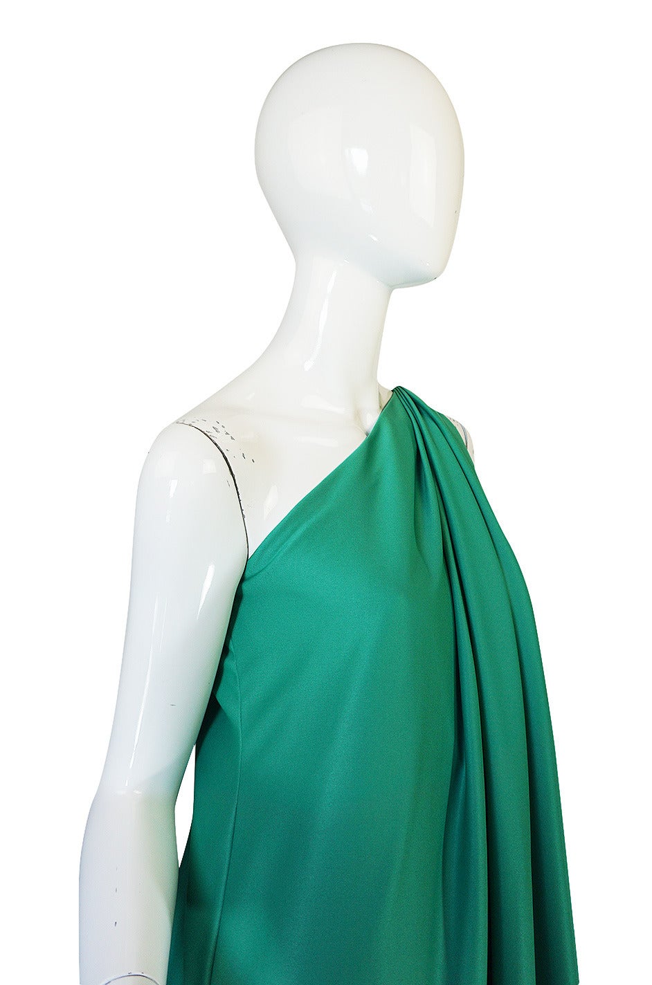 1970s Halston One Shoulder Jersey Green Dress 1