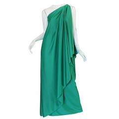 Vintage 1970s Halston One Shoulder Jersey Green Dress