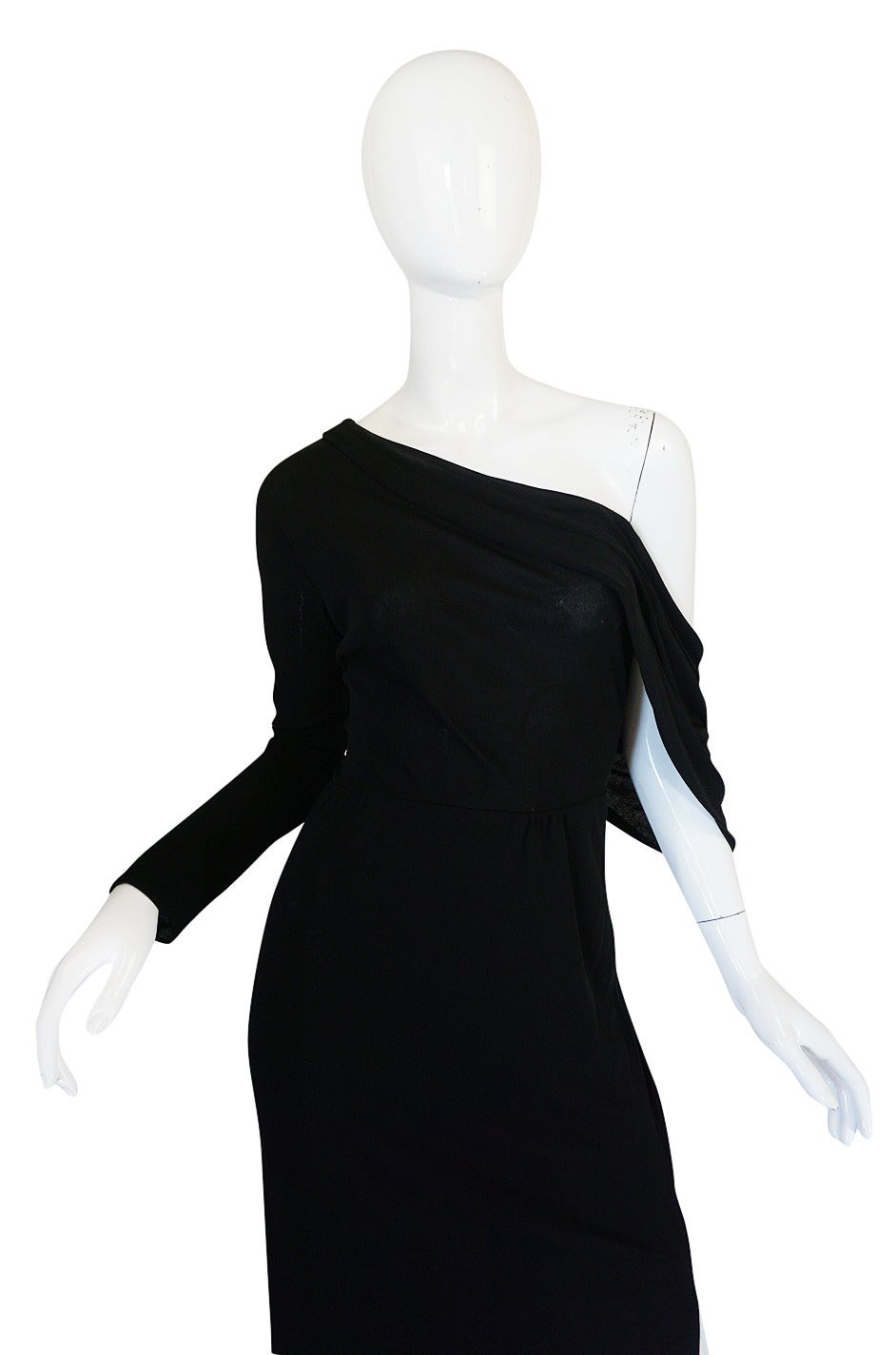 1970s One Shoulder Black Jersey John Anthony Dress 1