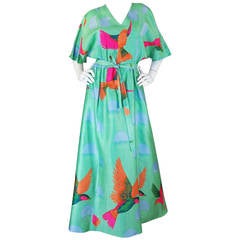 1970s Beautiful & Bright Hanae Mori Bird Caftan Dress 4