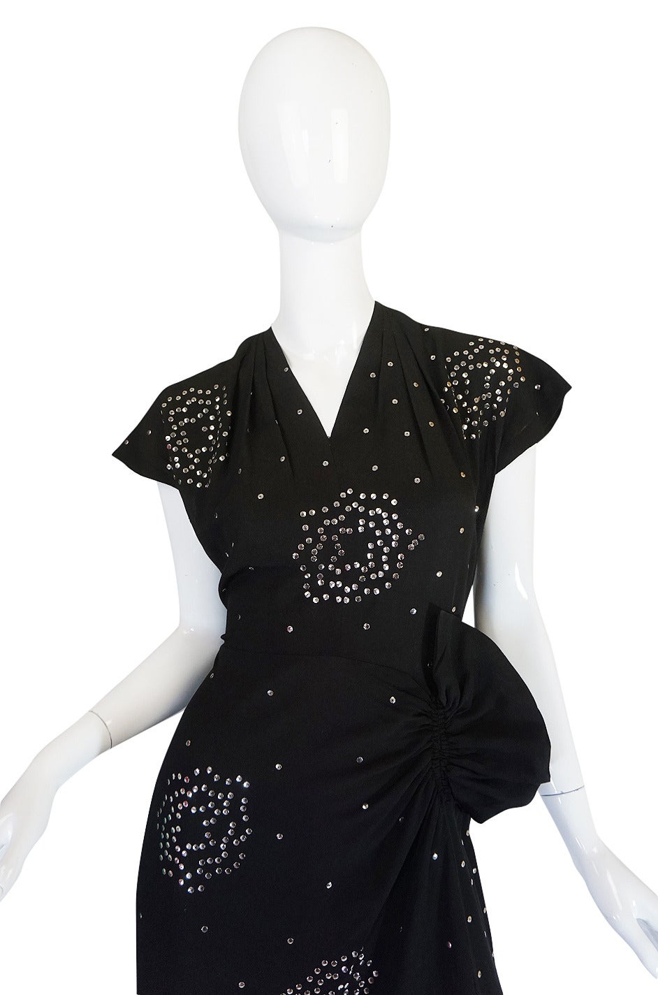 Rare 1940s Studded Hip Flare Black Crepe Dress In Excellent Condition In Rockwood, ON
