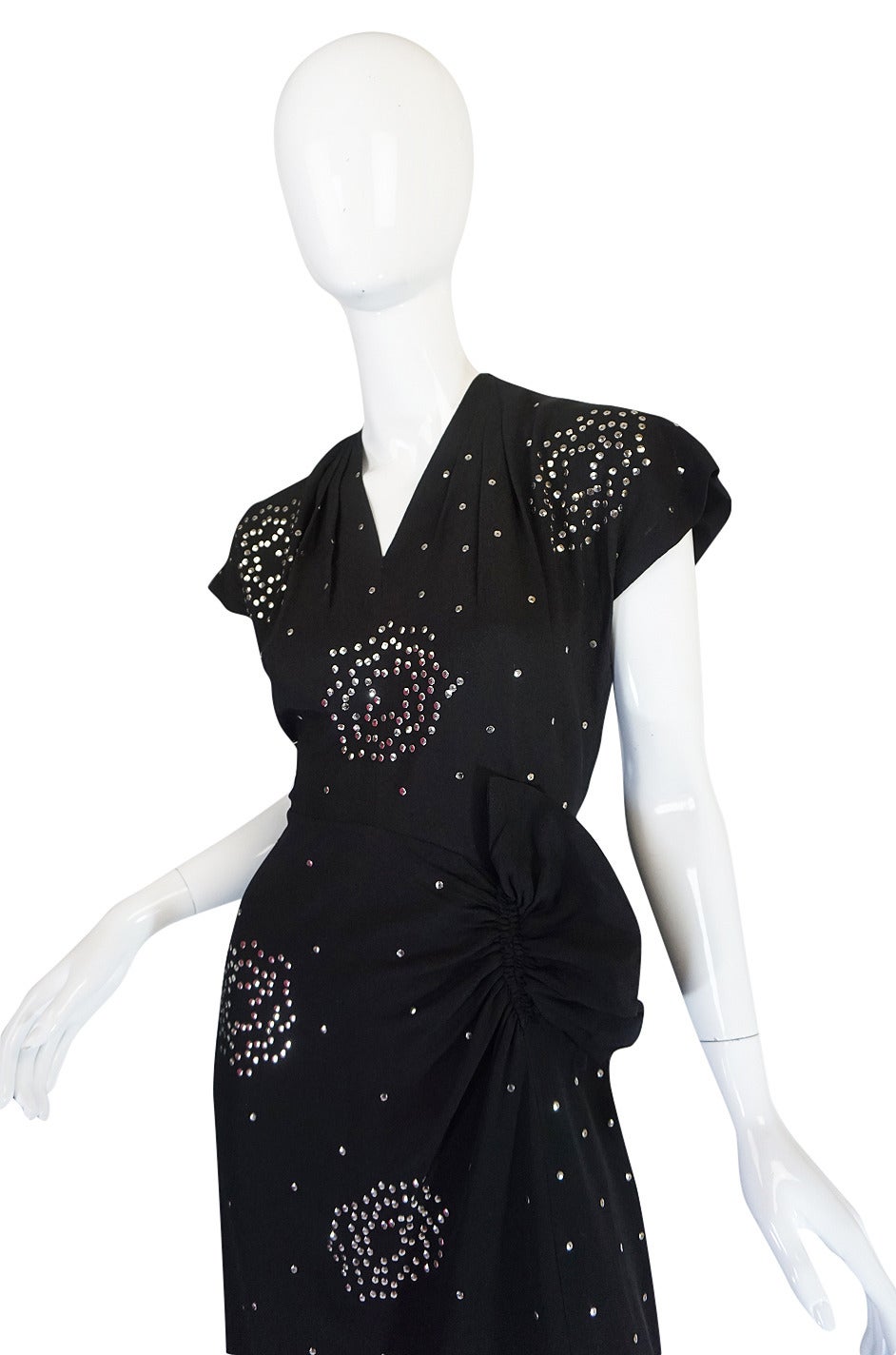 Women's Rare 1940s Studded Hip Flare Black Crepe Dress