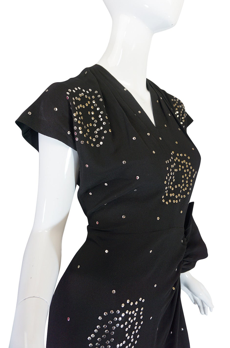 Rare 1940s Studded Hip Flare Black Crepe Dress 1