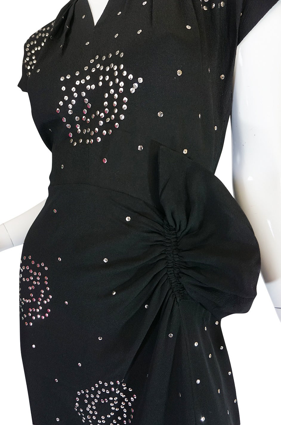 Rare 1940s Studded Hip Flare Black Crepe Dress 2
