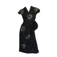 Rare 1940s Studded Hip Flare Black Crepe Dress