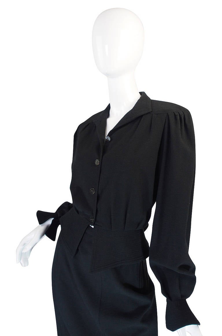 1970s Black Crepe Jean Muir Peplum Suit For Sale 1