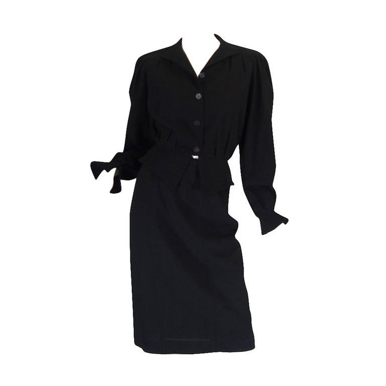 1970s Black Crepe Jean Muir Peplum Suit For Sale