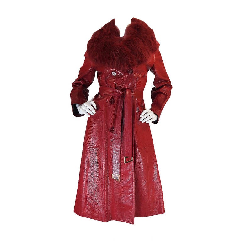 Rare 1970s Red Snakeskin & Fox Gucci Trench Coat