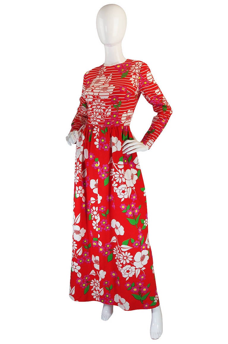 Rare 1971 Lanvin Floral & Stripe Print Maxi Dress In Excellent Condition In Rockwood, ON