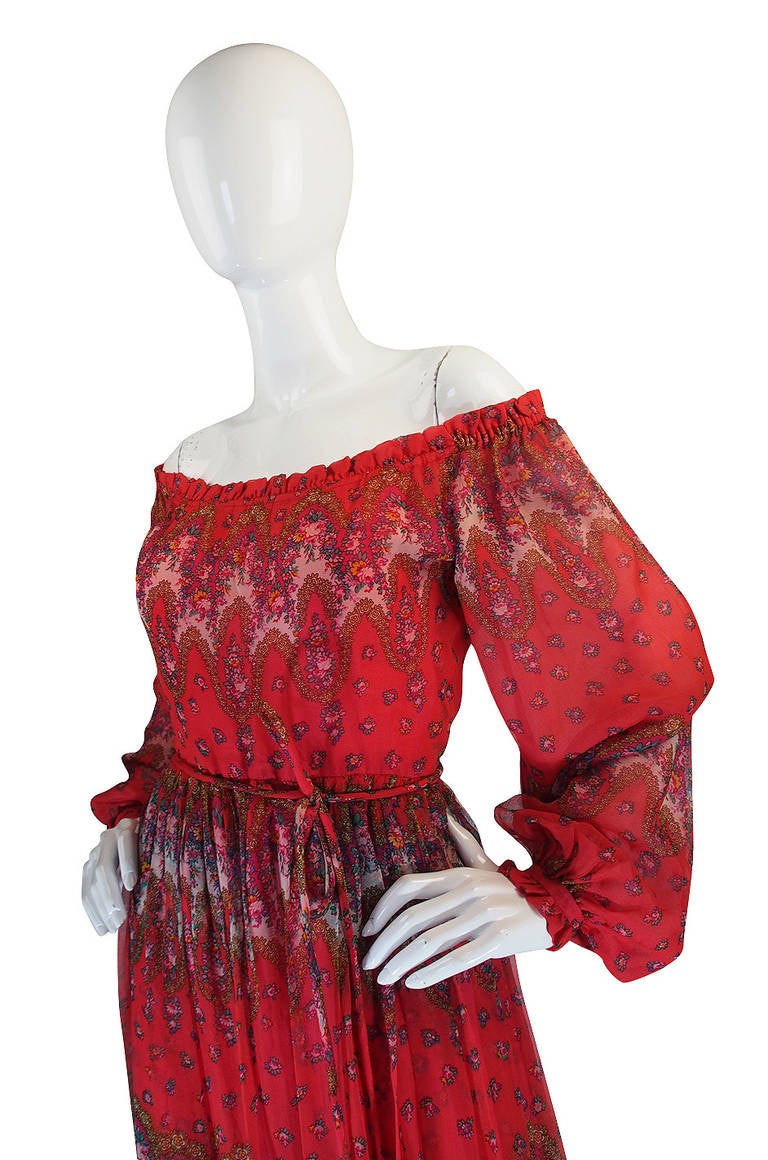 1970s Off Shoulder Silk Print Mollie Parnis Dress 1