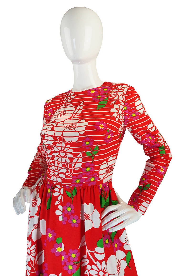 Rare 1971 Lanvin Floral & Stripe Print Maxi Dress 1