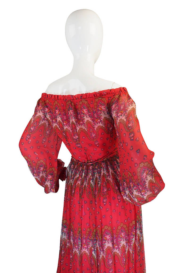 1970s Off Shoulder Silk Print Mollie Parnis Dress 2