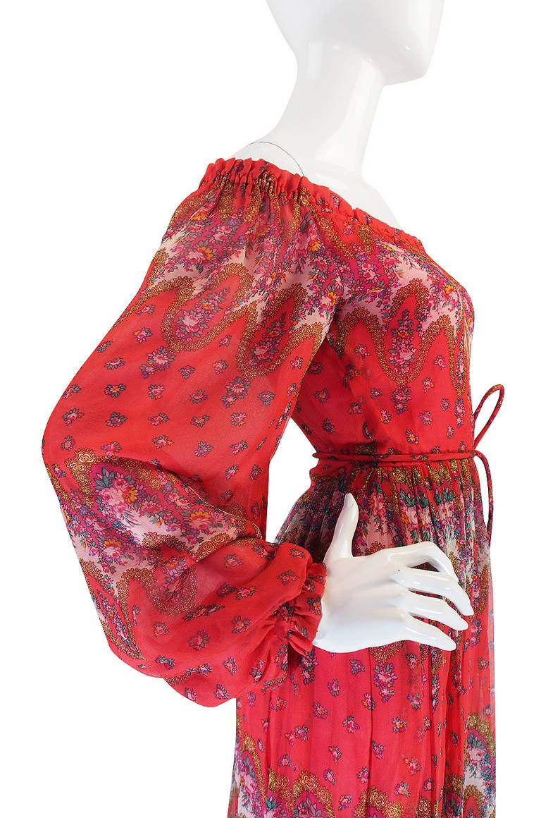 1970s Off Shoulder Silk Print Mollie Parnis Dress 3