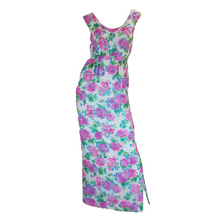 Late 1960s Malcolm Starr Prettiest Huge Pastel Floral Print Silk Dress