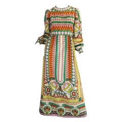 Vintage 1960s Tribal Print Silk Malcolm Starr Mxi Dress