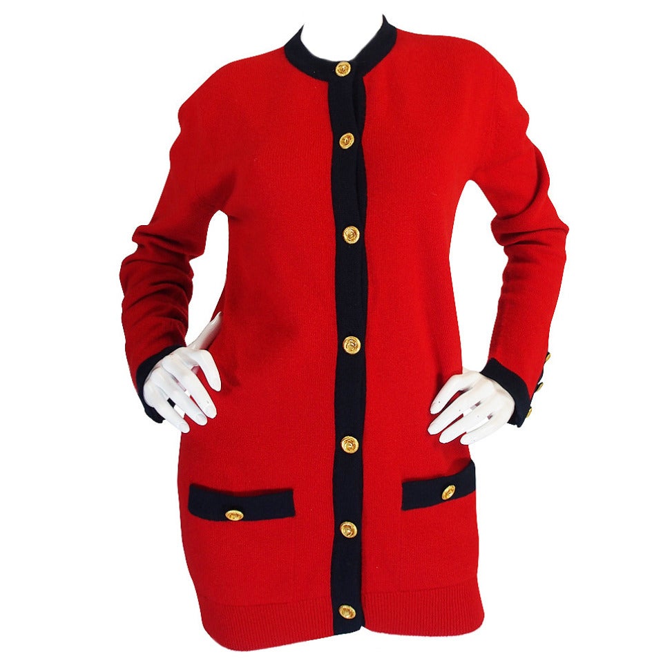 1993A Classic Red Chanel Cashemere Cardigan For Sale