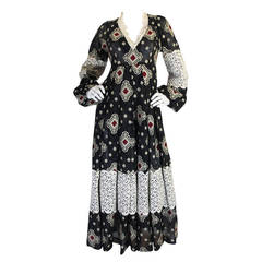 1971 Thea Porter Brocade Cotton Gauze & Lace Dress 4