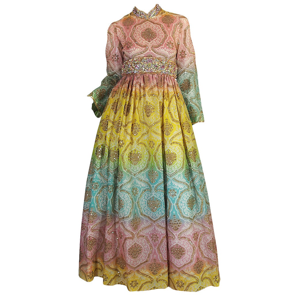 1960s George Halley Silk & Jewel Gypsy Gown