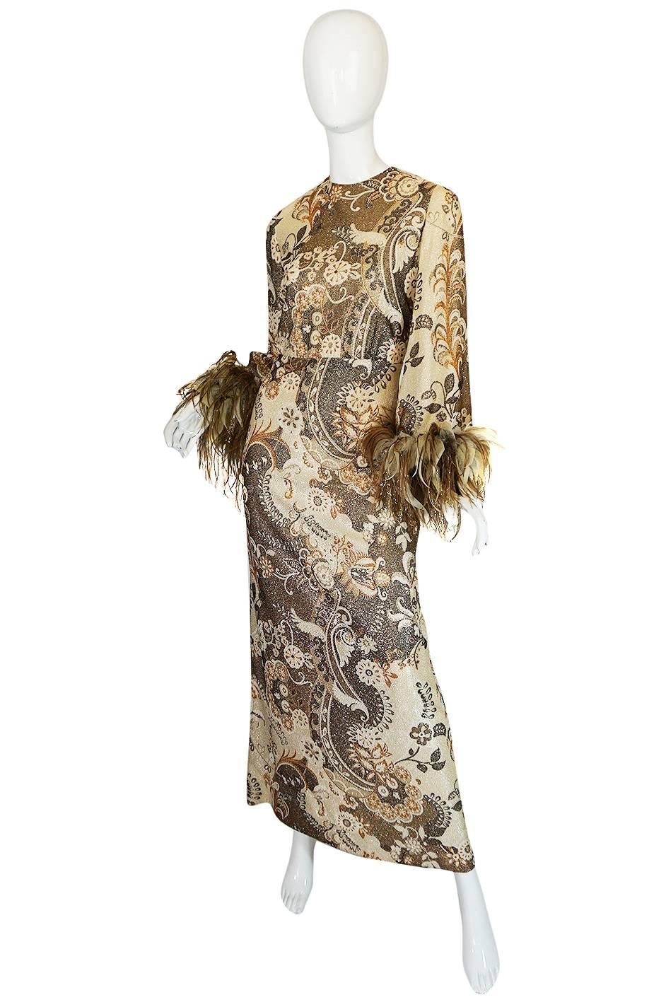Brown 1970s Bill Blass Metallic Gold Lurex Knit & Feather Cuffed Dress