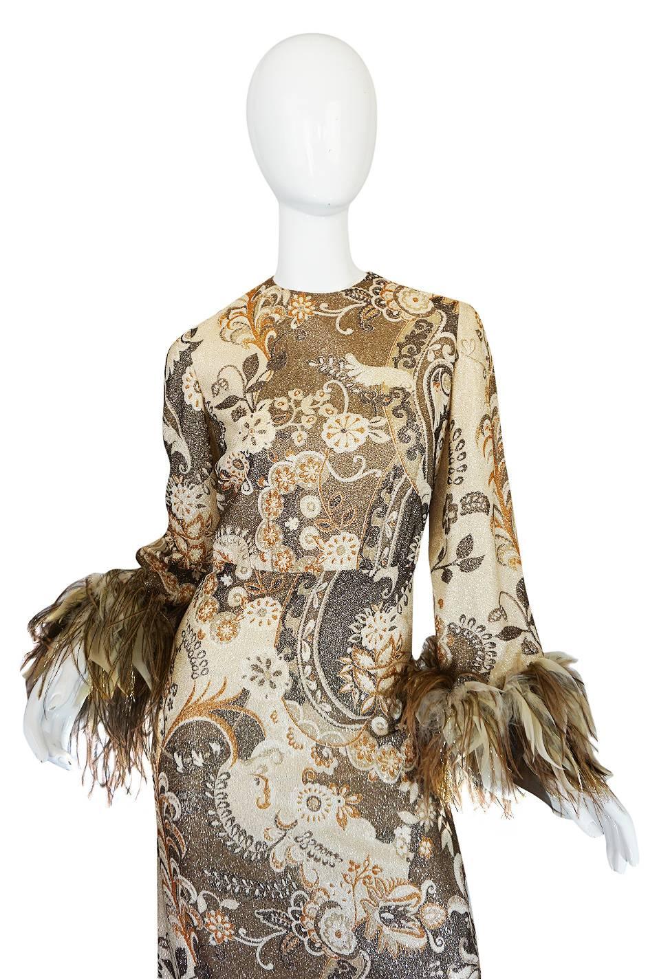 1970s Bill Blass Metallic Gold Lurex Knit & Feather Cuffed Dress 2
