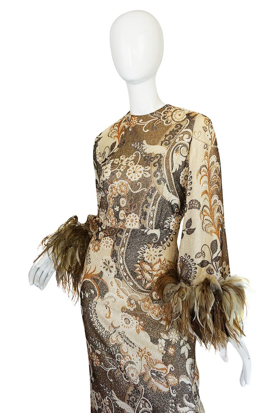 1970s Bill Blass Metallic Gold Lurex Knit & Feather Cuffed Dress 1