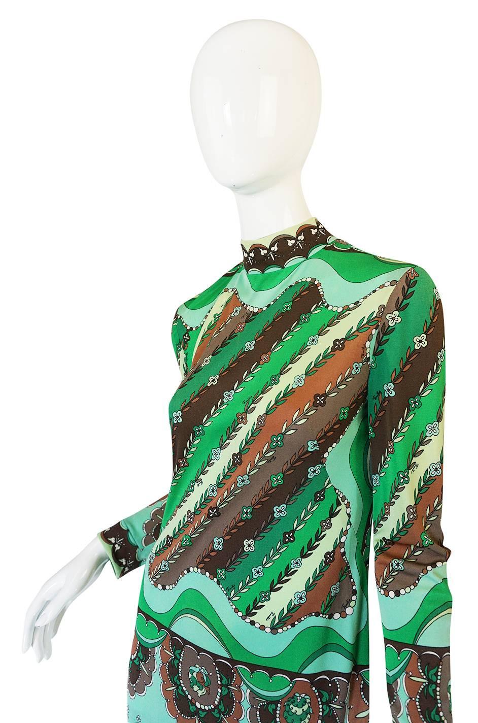 1970s Green Print Emilio Pucci Silk Jersey Dress In Excellent Condition In Rockwood, ON