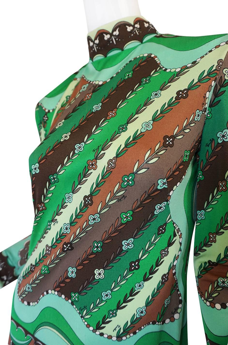 1970s Green Print Emilio Pucci Silk Jersey Dress 1