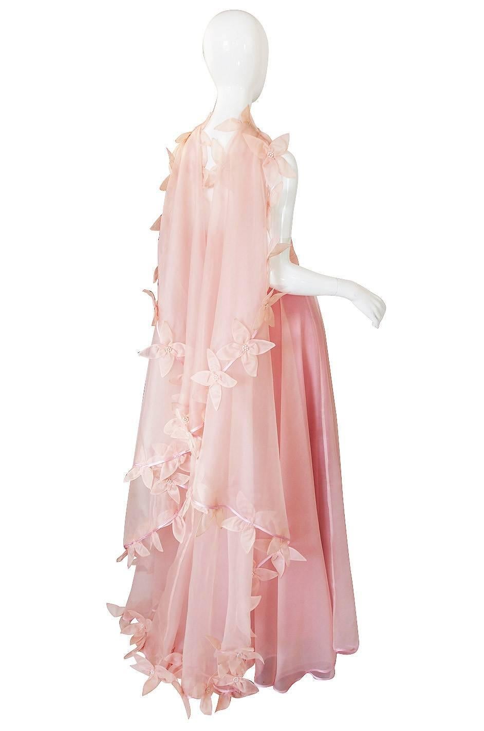 Dramatic 1975 Loris Azzaro Couture Pink Silk Gown & Cape In Excellent Condition In Rockwood, ON