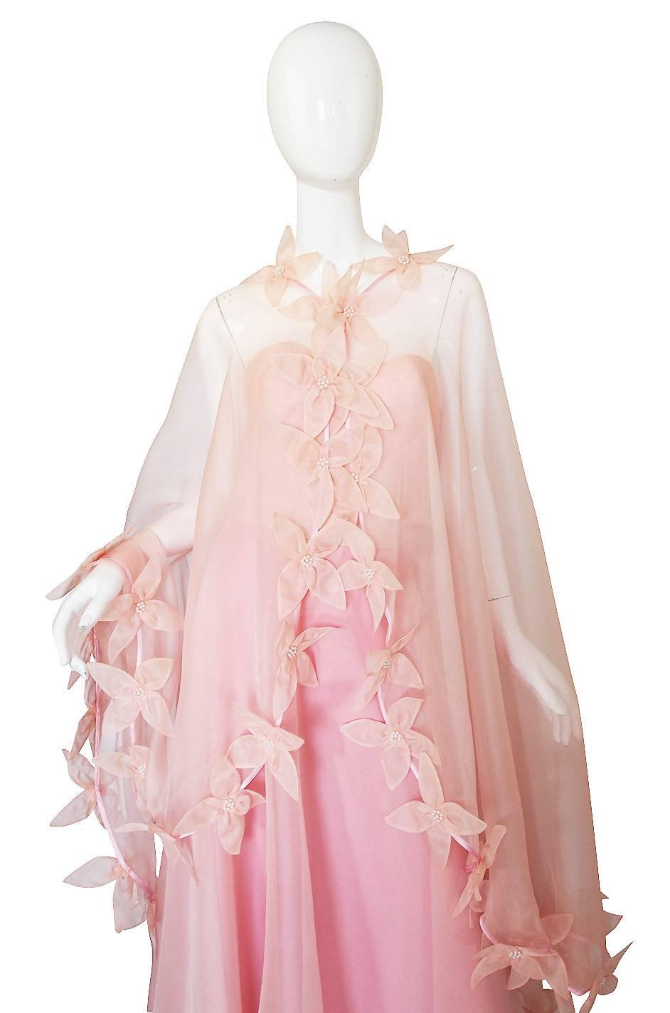 Dramatic 1975 Loris Azzaro Couture Pink Silk Gown & Cape 1