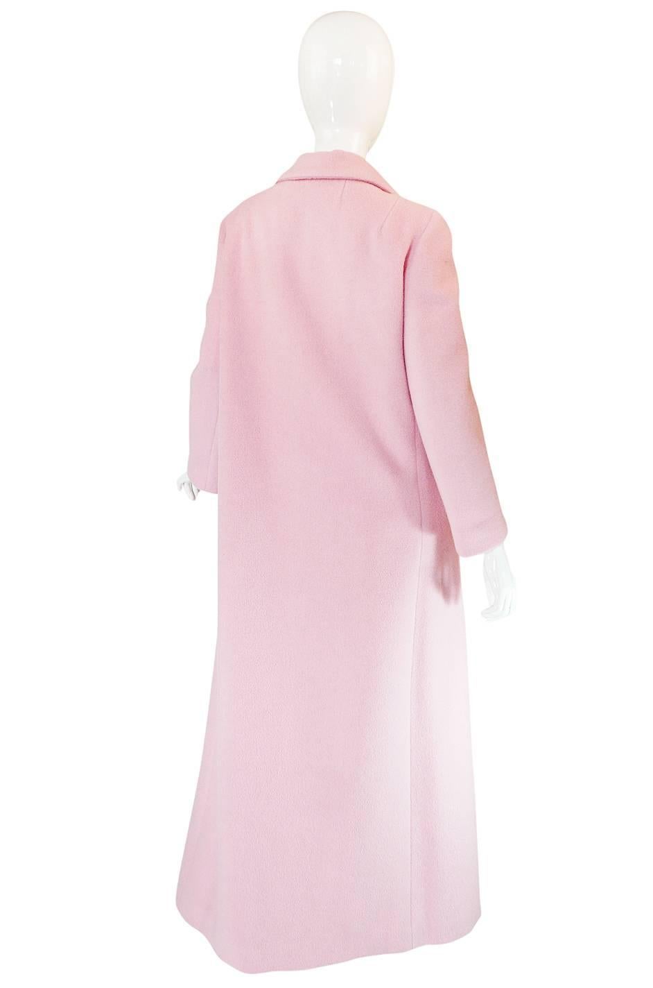 1960s Early Anne Klein Supermodel Length Pink Wool Coat In Excellent Condition In Rockwood, ON