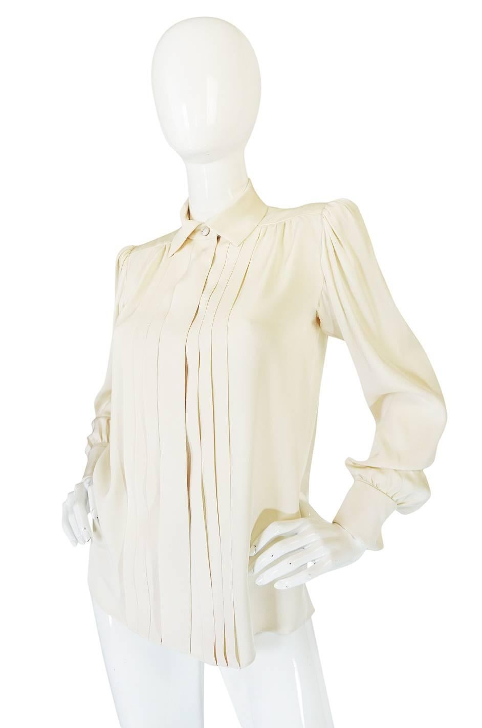 White c.1979 Haute Couture Cream Silk Yves Saint Laurent Top