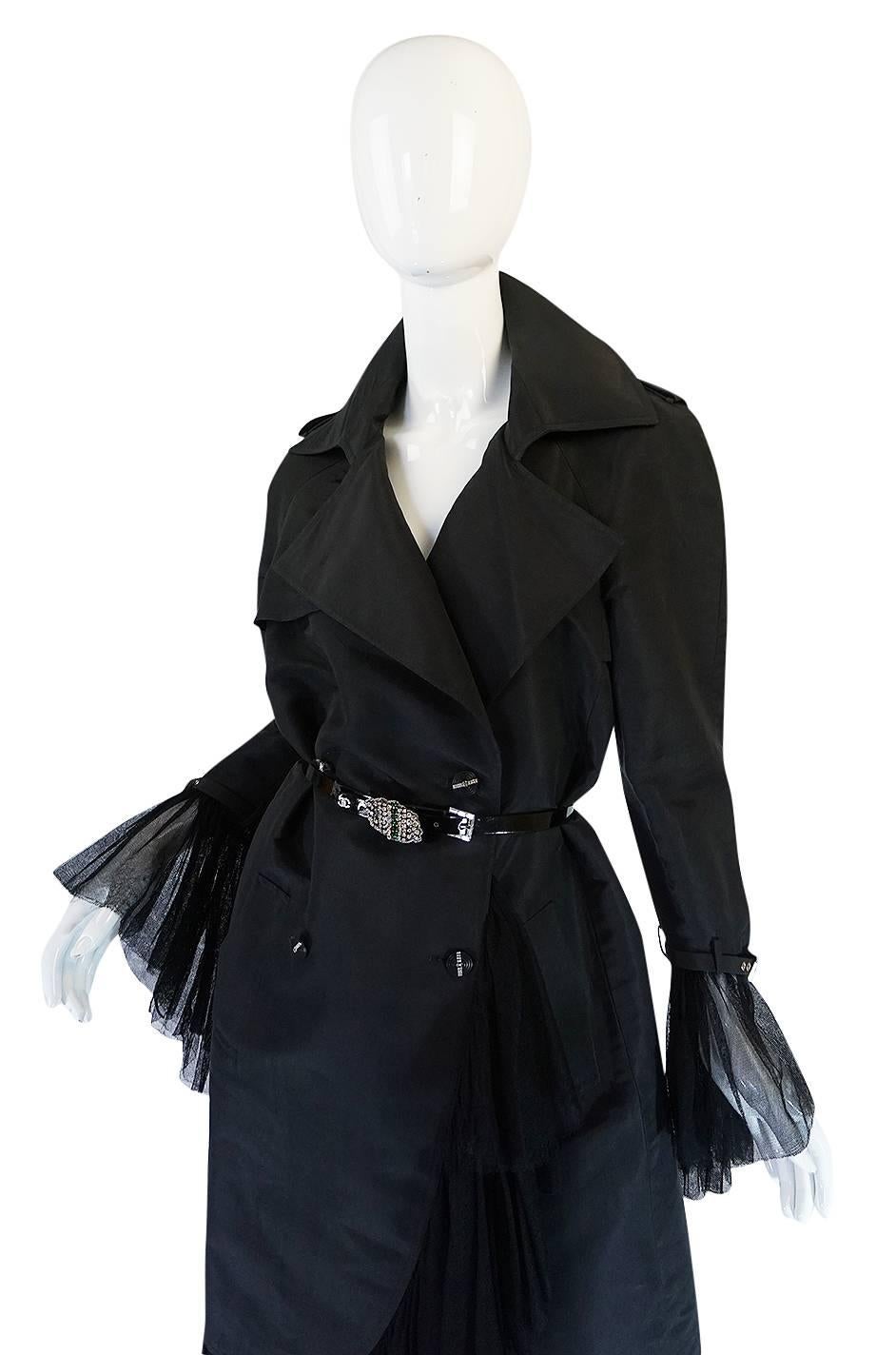 2006A Chanel Black Silk Tulle Edged Trench Coat In Excellent Condition In Rockwood, ON