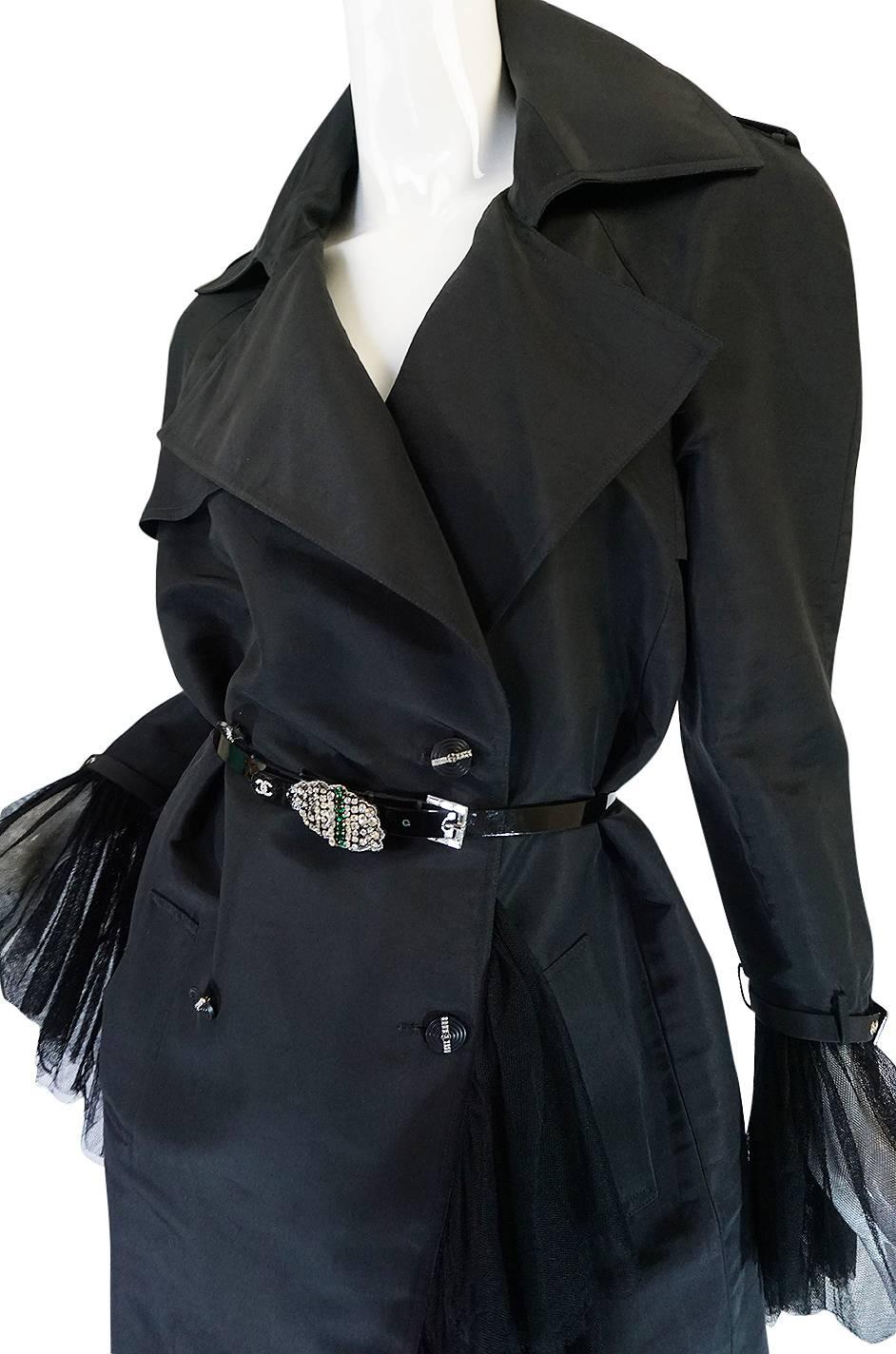 2006A Chanel Black Silk Tulle Edged Trench Coat 2