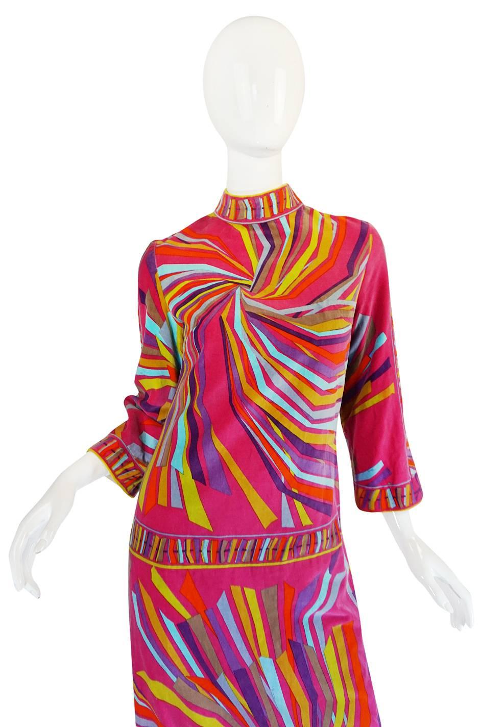 1960s Spectacular Vivid Pink Swirl Pucci Velvet Dress In Excellent Condition In Rockwood, ON