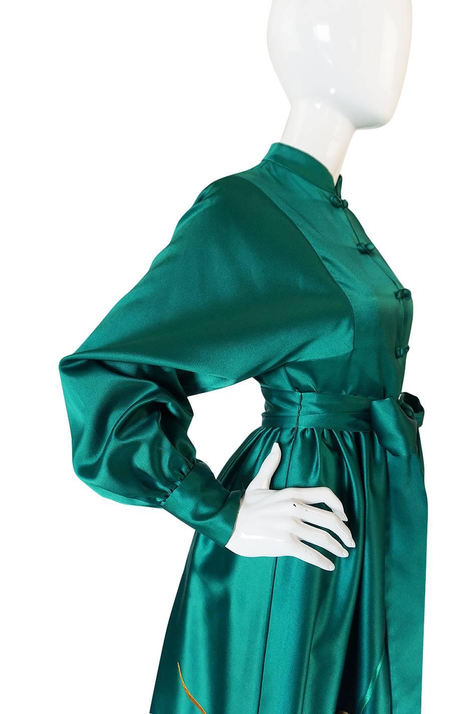 1960s Teal Traina Emerald Green Embroidered Silk Dress 1