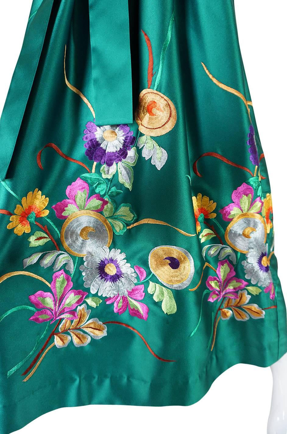 1960s Teal Traina Emerald Green Embroidered Silk Dress 3