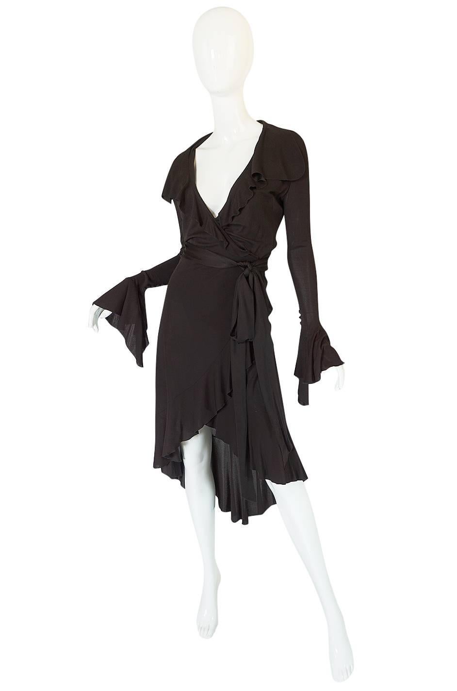 1990s Chocolate Givenchy Wrapped Ruffled Jersey Dress In Excellent Condition In Rockwood, ON