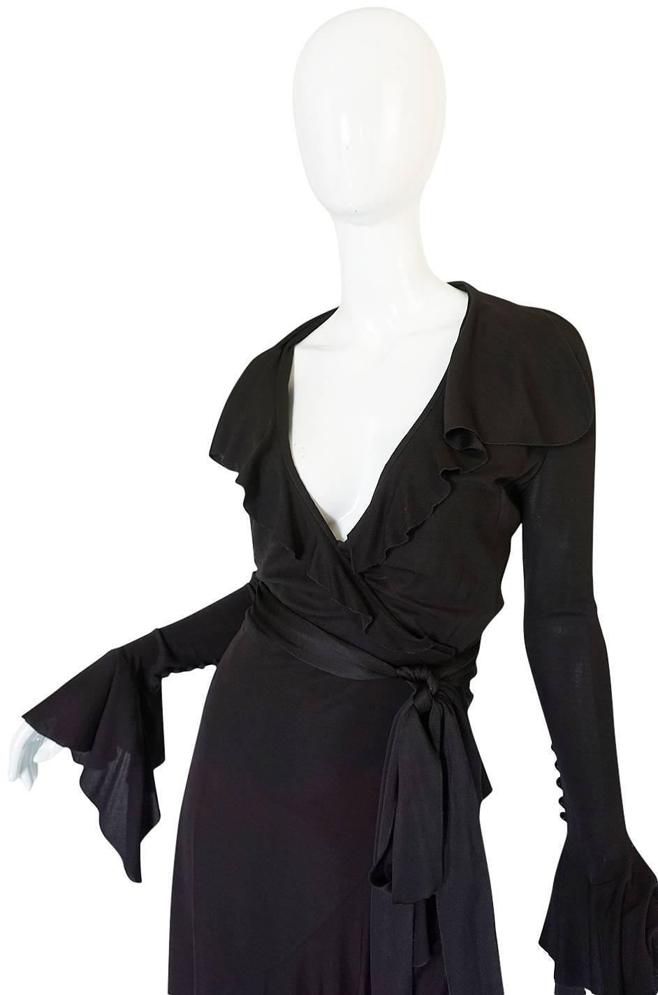 1990s Chocolate Givenchy Wrapped Ruffled Jersey Dress 1