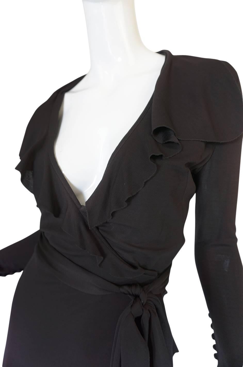 1990s Chocolate Givenchy Wrapped Ruffled Jersey Dress 2