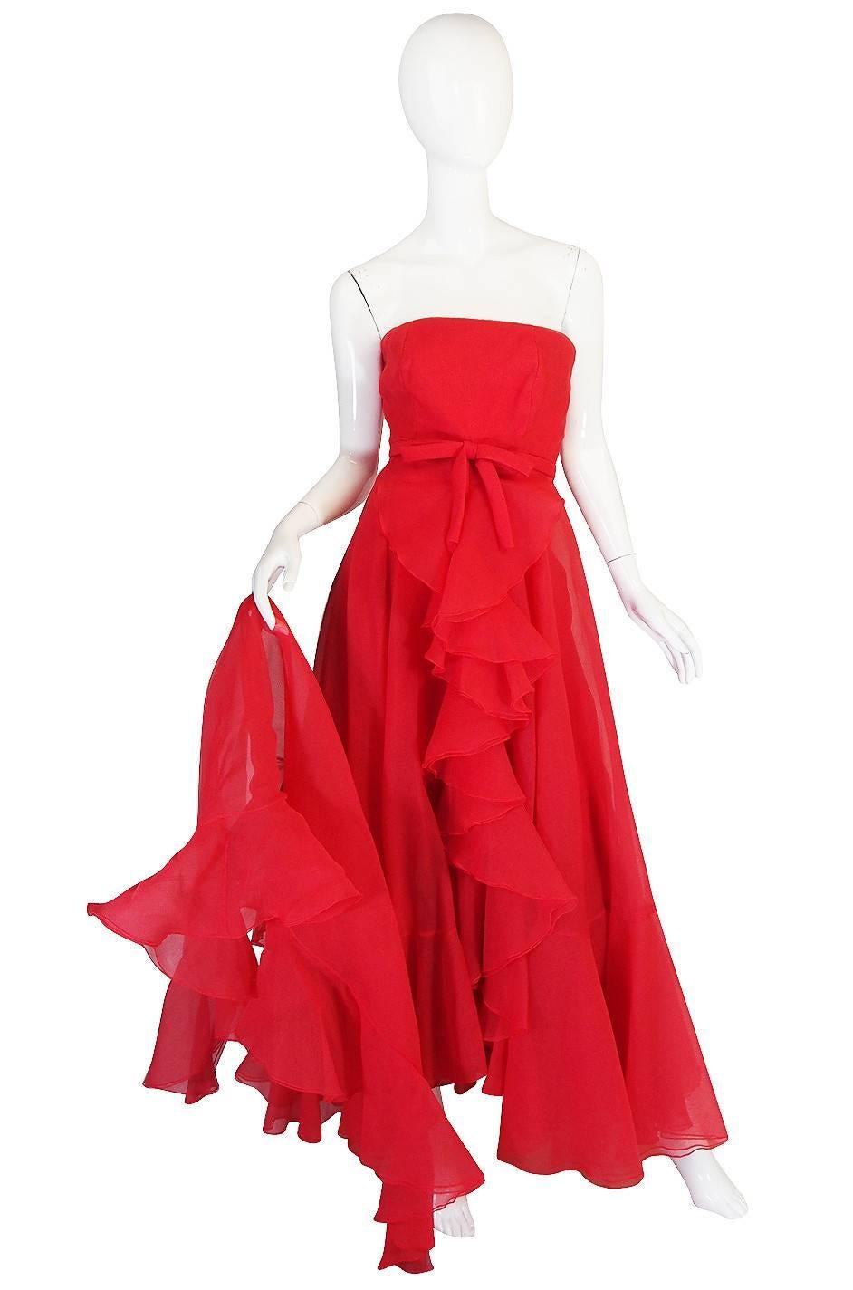Red 1960s Strapless Ruffled Silk Organza Sarmi Dress