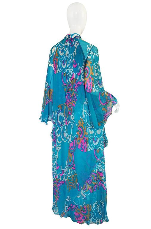 1970s Hanae Mori Flowing Turquoise Silk Chiffon Caftan Dress For Sale ...