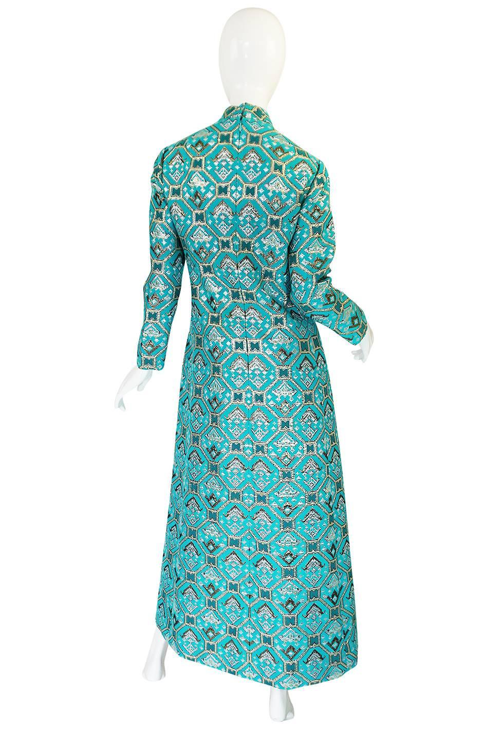 Blue 1970s Turquoise & Metallic Ikat Brocade Mollie Parnis Dress