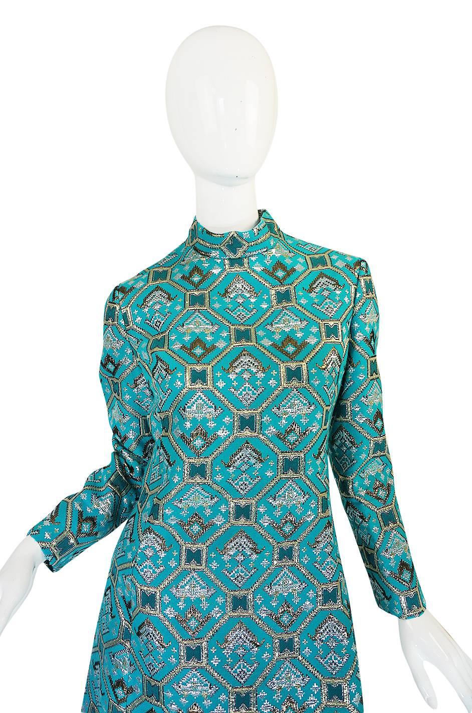 Women's 1970s Turquoise & Metallic Ikat Brocade Mollie Parnis Dress