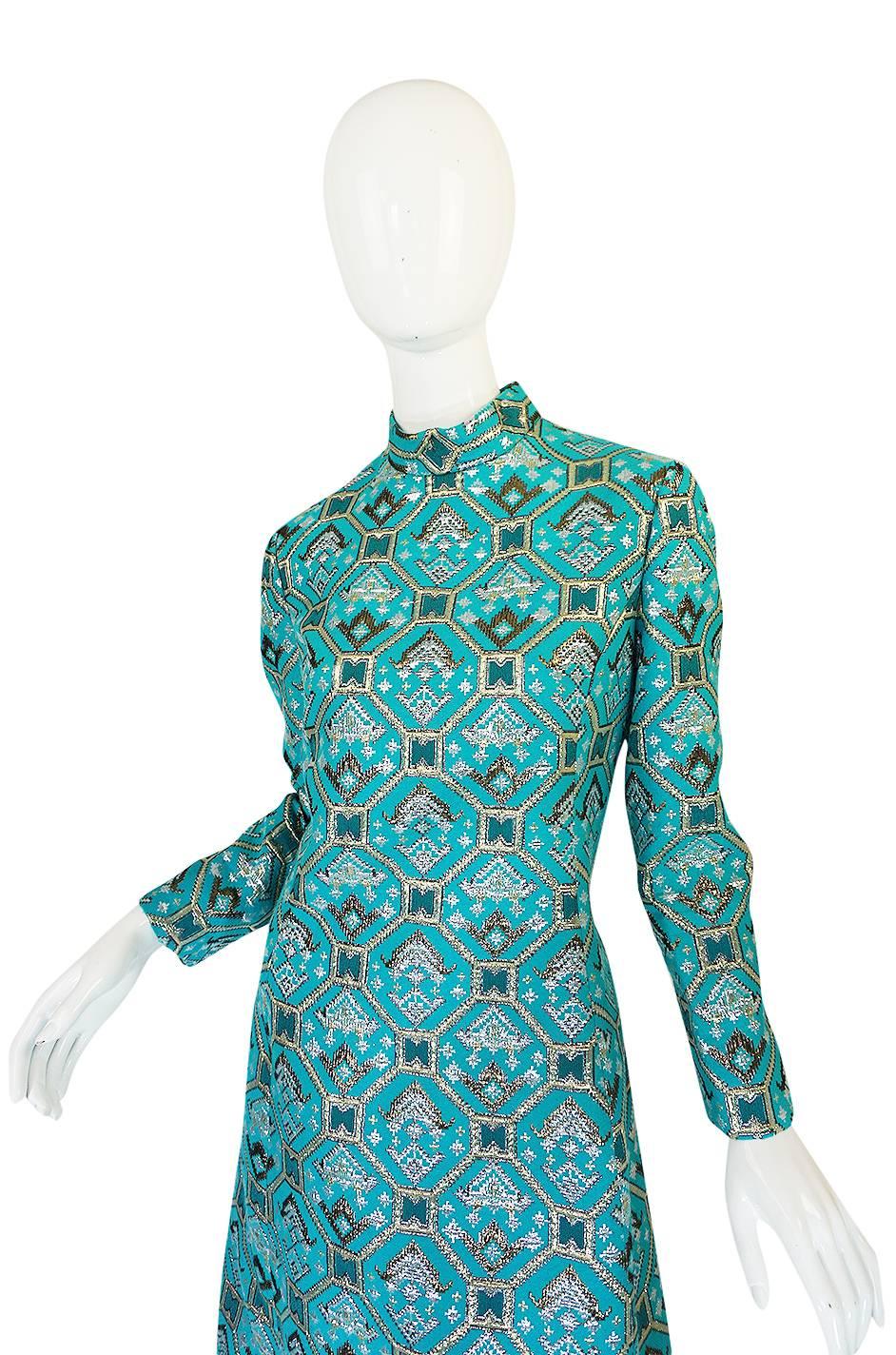 1970s Turquoise & Metallic Ikat Brocade Mollie Parnis Dress 2
